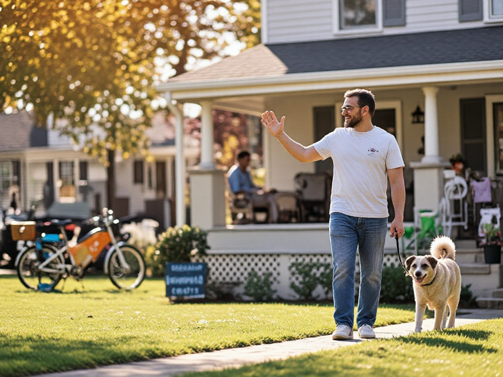 A dog walker waving to his neighbour as his side hustle